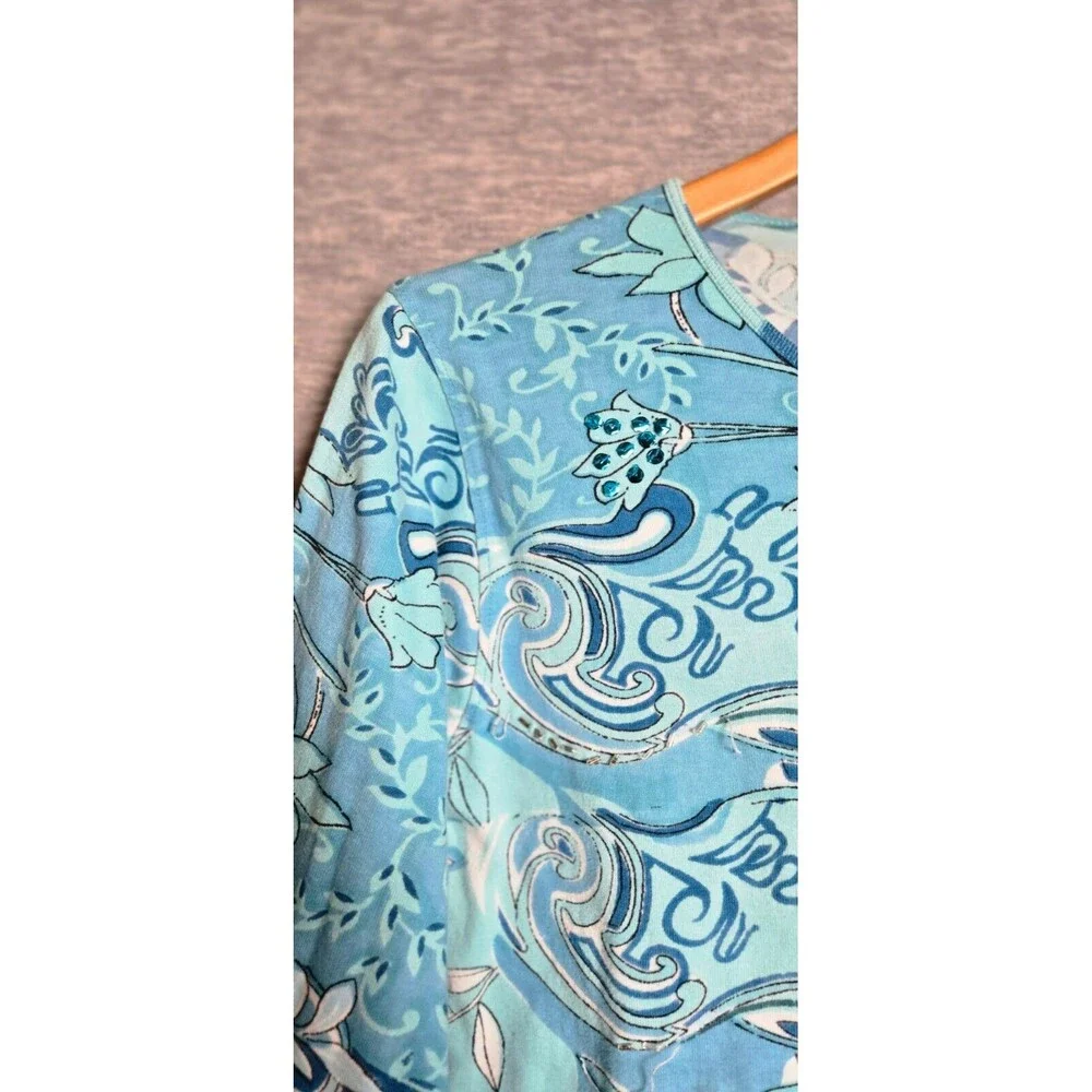 Jane Ashley Womens Shirt Y2K Blue Floral Sequin Beaded 3/4 Sleeve Size 1X